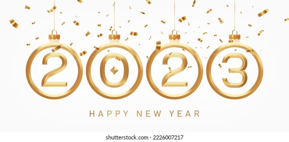 2023 3d Gold Numbers Inside Christmas Ornament Decoration. Illustration With Confetti For New Year Greeting Card.