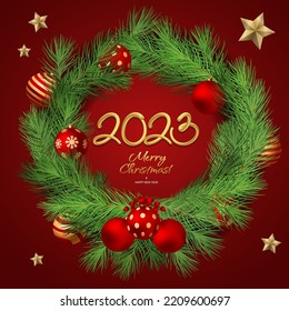 2023 3d realistic Christmas wreath of round shape made of realistic looking pine branches and decorated with berries, golden balls, stars. Merry Christmas and Happy New Year.