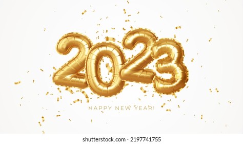 2023 3d Realistic Gold Foil Balloons. Merry Christmas and Happy New Year 2023 greeting card. Vector illustration EPS10