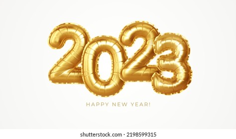 2023 3d Realistic Gold Foil Balloons. Merry Christmas and Happy New Year 2023 greeting card. Vector illustration EPS10 svg