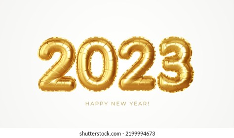 2023 3d Realistic Gold Foil Balloons. Merry Christmas and Happy New Year 2023 greeting card. Vector illustration EPS10