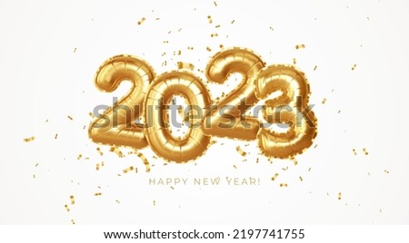 2023 3d Realistic Gold Foil Balloons. Merry Christmas and Happy New Year 2023 greeting card. Vector illustration EPS10
