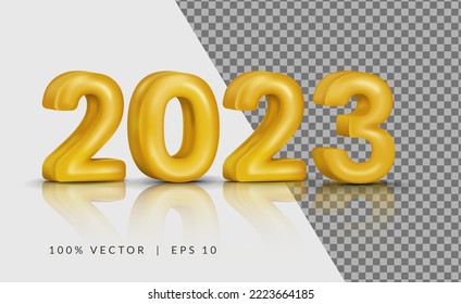 2023 3d realistic gold rendering. New Year 2023. Vector element ready to use with alpha layer background