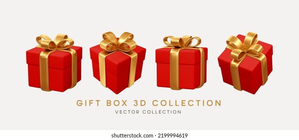 2023 3d Realistic Red Gift Boxes with Gold Ribbon Gift Bow Set. Christmas Decoration Vector illustration EPS10