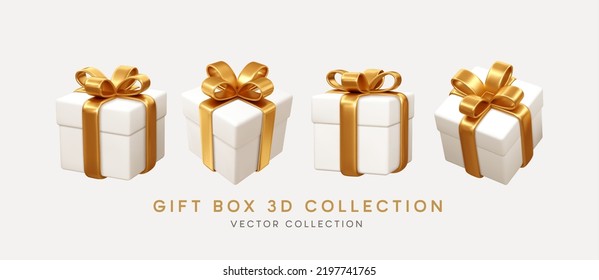 2023 3d Realistic White Gift Boxes with Gold Ribbon Gift Bow Set. Christmas Decoration Vector illustration EPS10