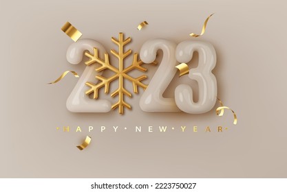 2023 3d Realistic white glossy number with golden snowflake. Happy New Year and Merry Christmas 2023. Greeting card. Vector 3d rendering.