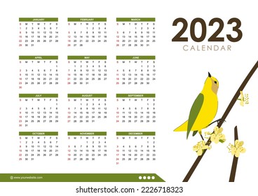 2023 abstract bird calendar template design, natural background