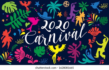 2023 Abstract carnival Mardi Gras Parade Festival music, dynamic ethnic pattern doodle tropical palm tree leaves, dancer, samba parad, floral, exotic jungle background Rio Brazil, New Orleans, Courir