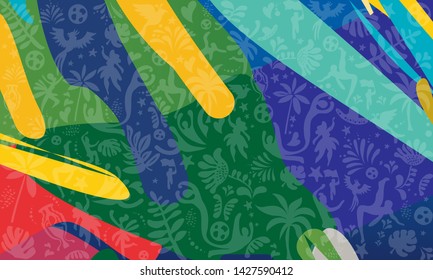 2023 Abstract green blue Brazilian Summer Game Competition background. World of Brasil pattern dinamic shapes traditional elements. Kids Camp Sports Championship Conmeball Copa America São Paulo Rio