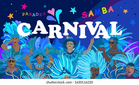 2023 Abstract Rio Brazilian Carnival music dance festival night party Samba dancer parade Sambadrome, New Orleans, Mardi Gras, notting hill, Venezia costume exotic tropical palm leaves vector template