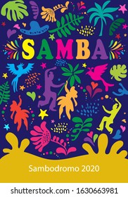 2023 Abstract Rio Brazilian Carnival music dance festival night party Samba dancer parade Sambadrome, New Orleans, Mardi Gras, notting hill, Venezia costume exotic tropical palm leaves vector template