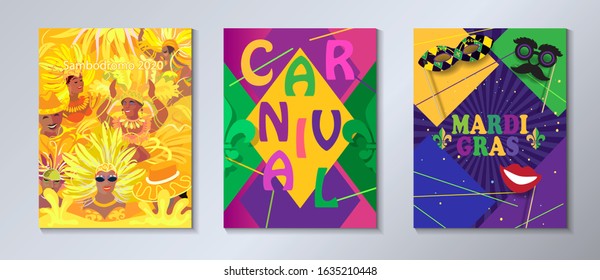 2023 Abstract Rio Brazilian Carnival music dance festival night party Happy People Samba dancer parade Sambadrome, New Orleans Mardi Gras, Notting Hill, Venezia costume exotic tropical vector brochure