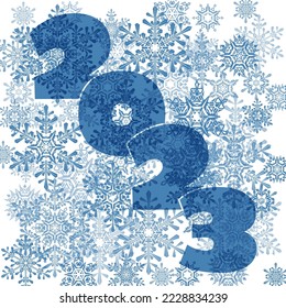 2023 against the background of snowflakes. Vector illustration of a set of snowflakes of different shapes depicting the symbol of 2023. Sketch for creativity.