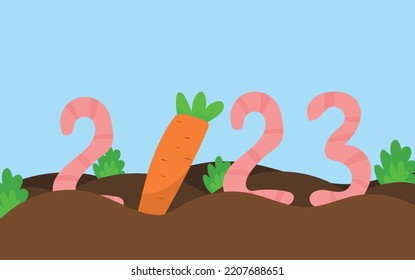 2023 agriculture concept. Gardening carrot outdoor. Worms like a numbers 