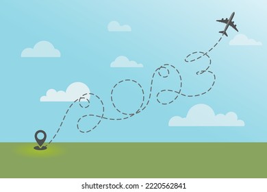2023 Airplane routes. Travel vector icon. Travel from start point and dotted line tracing. Airplane Take off from location to the sky