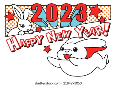 2023 American comic-style New Year's card with a hero rabbit running with a smile. Vector illustration.