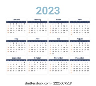 2023 annal calendar template, simple calendar with dark orange color in sunday and black in other day, and grey color in previews and last days, vector illustration