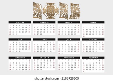 2023 annual calendar in medieval style. The week starts on Sunday. Vector illustration.