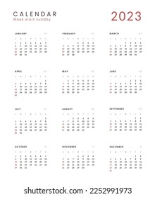 2023 Annual Calendar template with transparent background. Vector layout of a wall or desk simple calendar with week start Sunday. Calendar design in black and white colors, holidays in red colors.