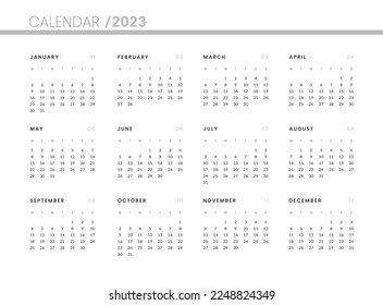 2023 Annual Calendar template. Vector layout of a wall or desk simple calendar with week start monday.