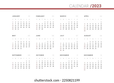 2023 Annual Calendar template. Vector layout of a wall or desk simple calendar with week start sunday.
