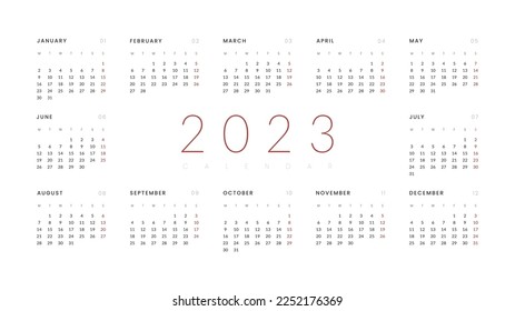 2023 Annual Calendar template. Vector layout of a wall or desk simple calendar with week start monday. Calendar design in black and white colors, holidays in red colors.