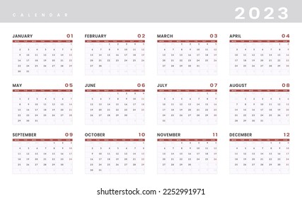 Plantilla del Calendario Anual 2023. Diseño vectorial de una pared o un calendario simple de escritorio con semana de inicio lunes. Diseño de calendario en colores blanco y negro, vacaciones en colores rojos.