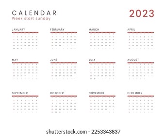 2023 Annual Calendar template. Vector layout of a wall or desk simple calendar with week start Sunday. Calendar design in black and white colors, holidays in red colors.