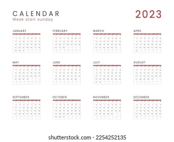 2023 Annual Calendar template. Vector layout of a wall or desk simple calendar with week start Sunday. Calendar design in black and white colors, holidays in red colors.