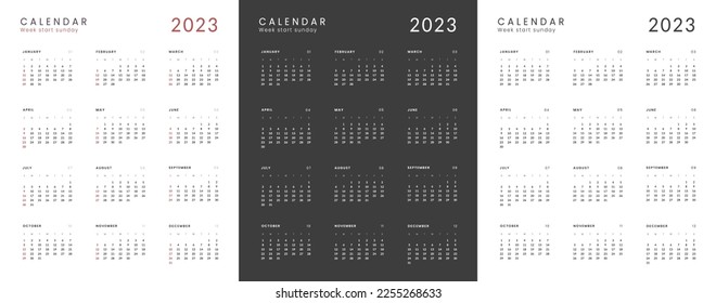 2023 Annual Calendar template. Vector layout of a wall or desk simple calendar with week start Sunday. Calendar design in black and white colors, holidays in red colors.
