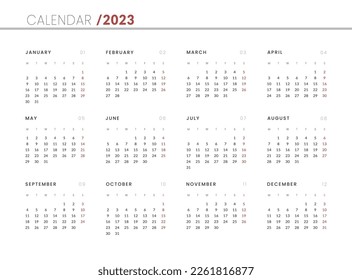 2023 Annual Calendar template. Vector layout of a wall or desk simple calendar with week start monday.