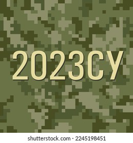 2023 Armed Forces of Ukraine logo on texture pixel camouflage. Ukrainian seamless military pattern in olive colors. Military print design for army t-shirt or clothing. Vector ornament illustration