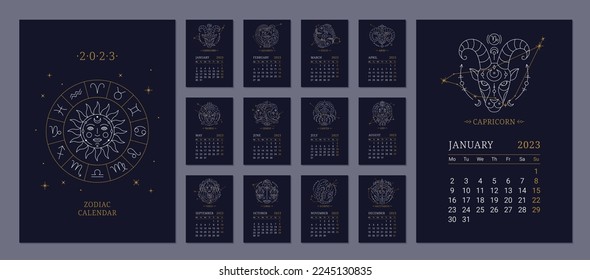 2023 Astrology wall calendar with zodiac signs of esoteric horoscope. Set of vertical monthly calendar templates with zodiac constellations on blue, week starts on Sunday thin line vector illustration