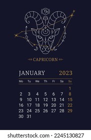 2023 Astrology wall monthly calendar with Capricorn zodiac sign. Vertical january calendar template with zodiac constellation and stars on blue sky, week starts on Sunday thin line vector illustration
