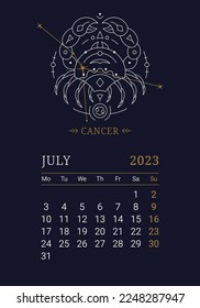 2023 Astrology wall monthly calendar with Cancer zodiac sign. Vertical july calendar template with zodiac constellation and stars on blue sky, week starts on Sunday thin line vector illustration