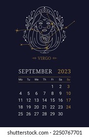 2023 Astrology wall monthly calendar with Virgo zodiac sign. Vertical september calendar template with zodiac constellation and stars on blue sky, week starts on Sunday thin line vector illustration