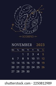 2023 Astrology wall monthly calendar with Scorpio zodiac sign. Vertical november calendar template with zodiac constellation and stars on blue sky, week starts on Sunday thin line vector illustration