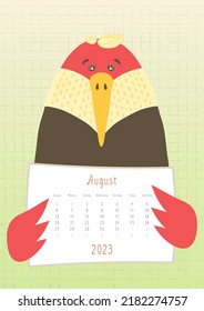2023 august calendar, cute woodpecker bird holding a monthly calendar sheet, hand drawn childish style.