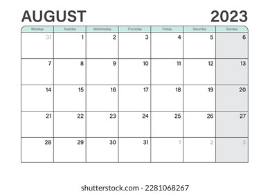 2023 August illustration vector desk calendar or planner weeks start on Monday in light green and gray theme