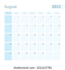 2023 August wall planner in blue color, week starts on Sunday. Calendar for August 2023 with day of previous and next month.