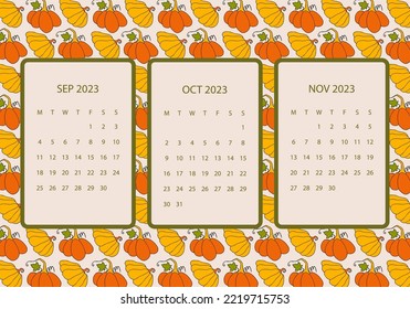 2023 autumn calendar, week starts on monday. Autumn design template, hand drawn pumpkins, flat vector illustration