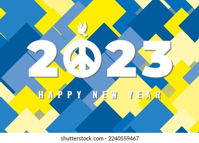 2023 Avant Garde Style Concept with Peace Sign Combined with Numerals Logo Dove and Happy New Year Lettering - Ukranian National Colors on Similar Background - Vector Mixed Graphic Design