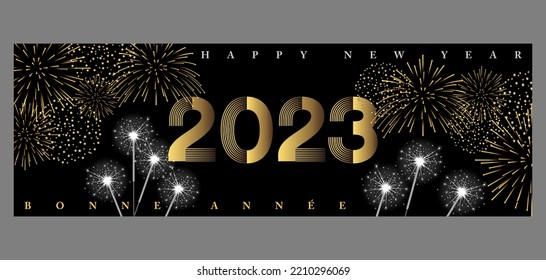 2023    Banner to celebrate the new year in an atmosphere night parties and fireworks   sparklers    Text French  English  translation: happy new year 