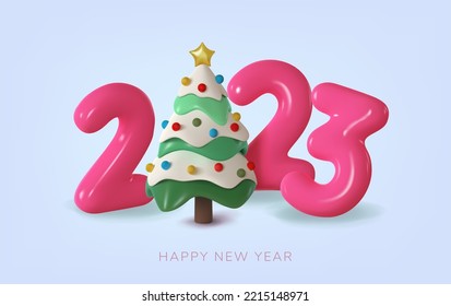 2023, banner with a Christmas tree and pink numbers.ic vector illustration. Merry Christmas and Happy New Year celebration