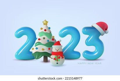 2023, banner with a Christmas tree,  snowman and aSanta Claus hat, with blue numbers. Realistic vector illustration. Merry Christmas and Happy New Year celebration