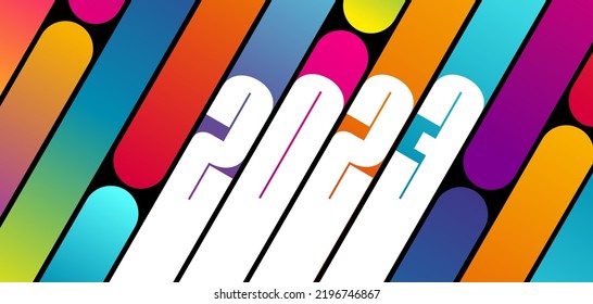 2023 - Banner or greeting card with modern angled graphics with the new year's numbers in white on a multi-colored fluorescent gradient background