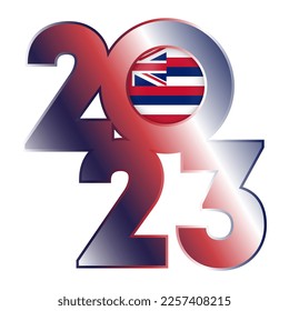 2023 banner with Hawaii state flag inside. Vector illustration.