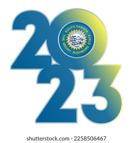 2023 banner with South Dakota state flag inside. Vector illustration.