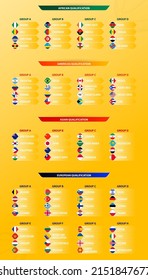 2023 Basketball tournament all Qualification sorted by continent and group. Vector flag collection.