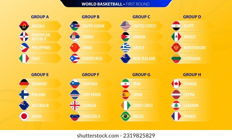 Iconos del torneo de baloncesto 2023 con banderas clasificadas por grupo. Colección de indicadores vectores.